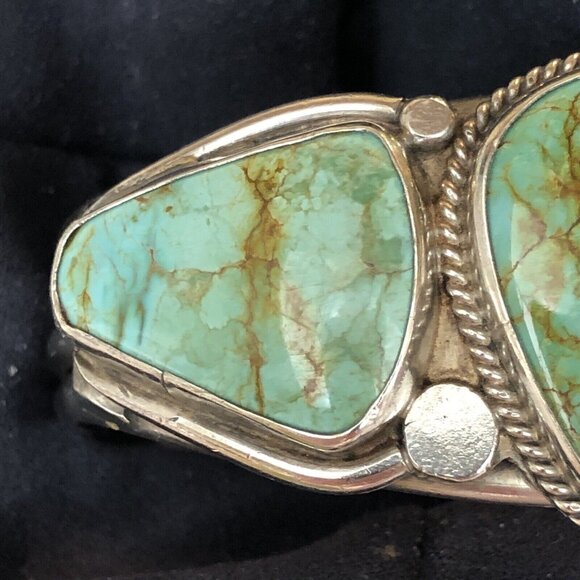 VINTAGE NAVAJO SILVER 3 TURQUOISE CUFF BRACELET - Picture 14 of 16